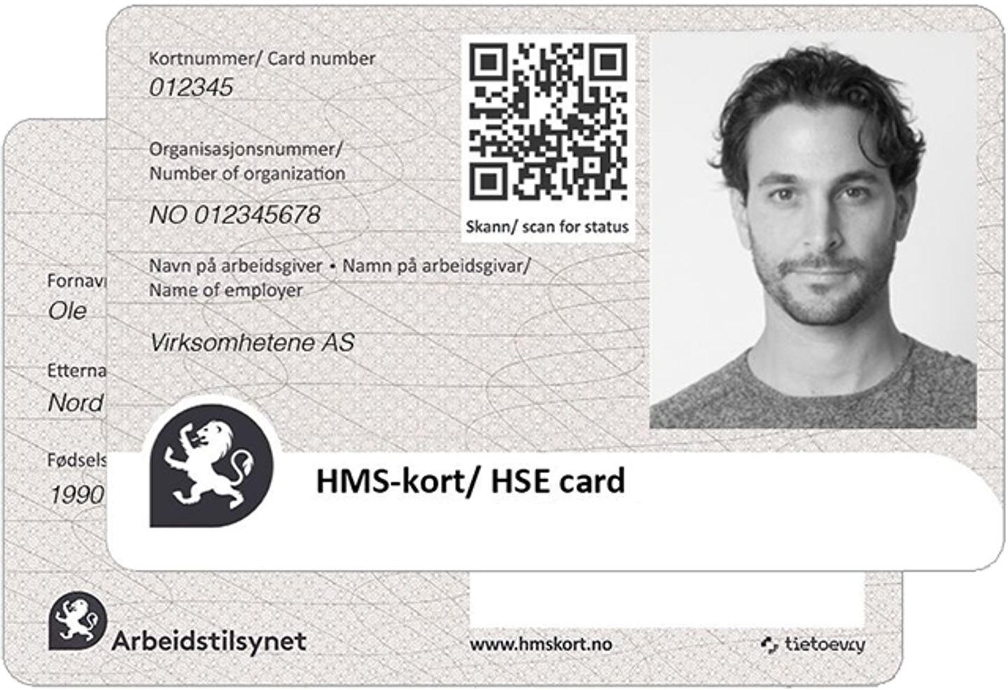 Bildet viser hvordan et HMS-kort ser ut med bilde av personen som eier kortet og en QR-kode som kan skannes. 